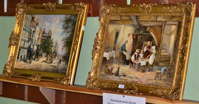 Lot 1152 - Two contemporary oil on canvas pictures one depicting a street scene with figures and horse and...