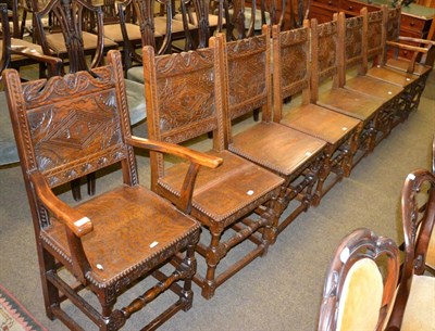 Lot 1256 - A set of eight carved oak dining chairs, in the 17th century style, by Henry Rowsell, Minehead,...