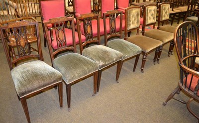 Lot 1276 - Four late Victorian mahogany inlaid salon chairs together with three other Victorian dining...