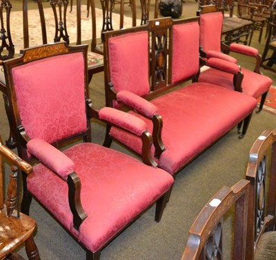 Lot 1278 - A Victorian mahogany inlaid two seater settee together with two matching armchairs