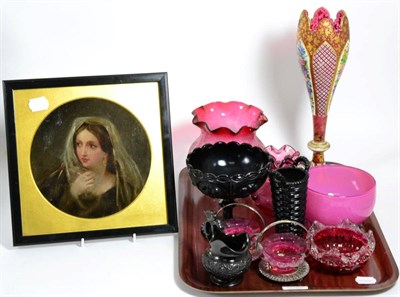 Lot 14 - A 19th century Bohemian glass vase together with a 19th century portrait of a lady in a veil,...