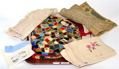 Lot 28 - A 19th century needlework sampler dated 1834, two needlework cushion covers etc