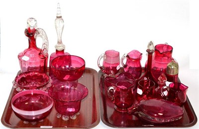 Lot 29 - A collection of 19th and 20th century cranberry glassware including a double-ginnel flask;...