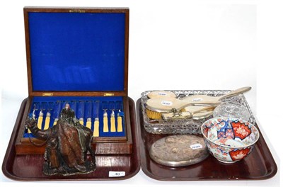 Lot 40 - A Victorian set of ivory handled fruit knives, burr walnut case; spelter Orientalist table lighter