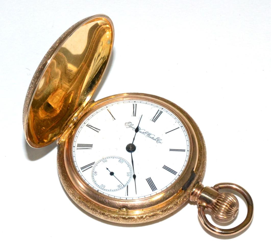 Lot 61 - A gold plated full hunter pocket watch, signed Elgin Watch Co, case covers engraved with a stag and