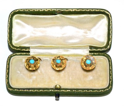 Lot 64 - A cased set of three citrine and turquoise dress buttons, faceted round citrine each drilled with a