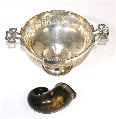Lot 113 - A silver mounted horn snuff mull together with a silver pedestal bon bon dish