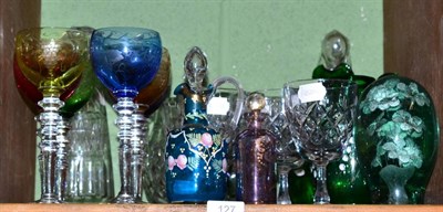 Lot 127 - Assorted coloured glasswares including harlequin set of six stemmed glasses, a Victorian green...