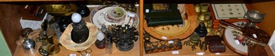 Lot 139 - Assorted kitchenalia including scales and weights; marquetry roundel; ceramic items; framed fishing