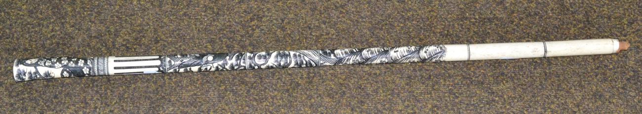 Lot 159 - A Japanese carved bone walking stick, the handle and shaft carved with a lady and a bird