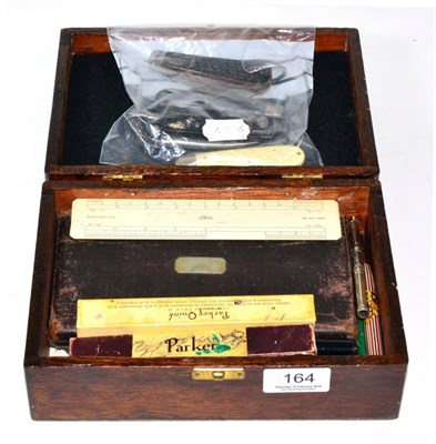 Lot 164 - Collectors items including four pocket knives; cased drawing set; slide pencil and nib; three...