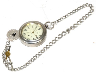 Lot 169 - A silver open faced pocket watch with attached silver chain and silver and enamel medal marked...