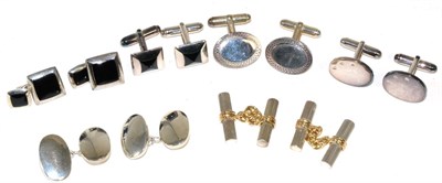 Lot 181 - A diamond set pair of silver cufflinks, with hinged bars; together with five further pairs (6)