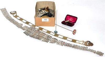 Lot 190 - Two enamelled rose hat pins, length 26cm and 28cm; an EPNS link belt, length 73.5cm; an...