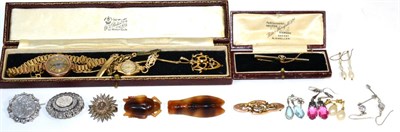 Lot 206 - A diamond set bar brooch, two lady's 9 carat gold wristwatches, an Art Nouveau pendant,...