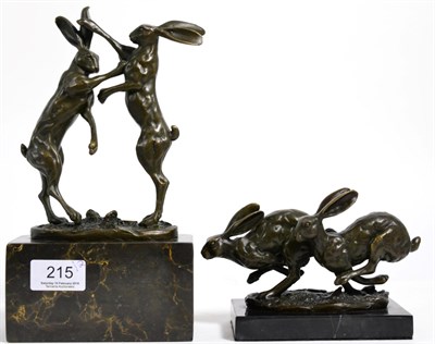 Lot 215 - Bronze model of hares boxing, raised on marble plinth, signed Nick; together with a bronze model of