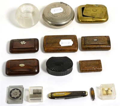 Lot 225 - Eight 19th century/20th century snuff boxes, silver and tortoiseshell collectors brooch,...