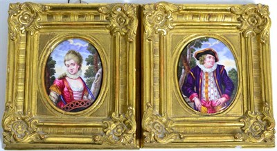 Lot 227 - A pair of painted enamel oval plaques, 19th century, depicting a 17th century lady and...