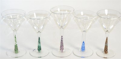 Lot 249 - Annette Meech (born 1948), a group of five glasses with coloured twist stems