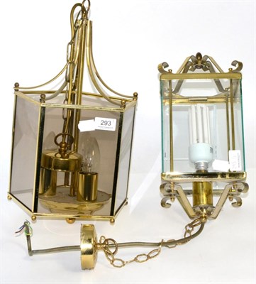 Lot 293 - A five sided glass and brass lantern ceiling light together with a four sided example (2)