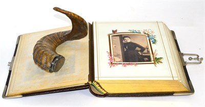 Lot 301 - A silver mounted presentation horn snuff mull and a Victorian leather bound photograph album...