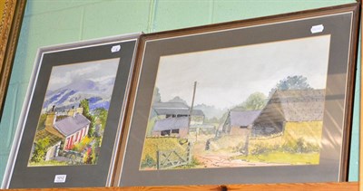 Lot 1012 - 20th century school, farm buildings, watercolour, monogrammed SMJ; together with a village...