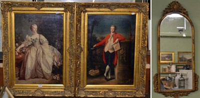 Lot 1024 - A pair of portraits of a lady and gentleman, over painted prints, in gilt frames together with...