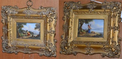 Lot 1028 - A pair of Continental painted porcelain rectangular plaques, contemporary gilt plated frames