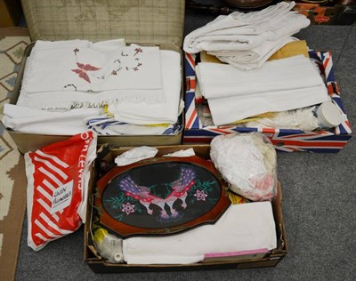 Lot 1069 - Assorted white linen and textiles, trimmings, bedspread etc (two boxes and a suitcase)