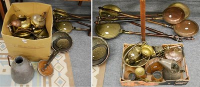 Lot 1078 - A group of 19th century and later copper and brass including bed warmers, kettles etc