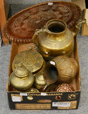 Lot 1081 - A quantity of Persian and Indian brass ware and two copper jelly moulds