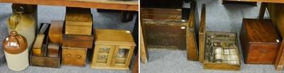 Lot 1084 - A quantity of 19th century wooden boxes; Stoneware bottles; plated canteen in a wooden case; an oak