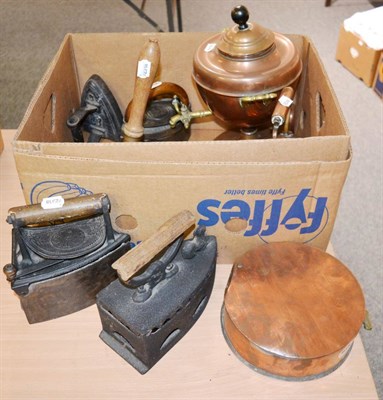 Lot 1088 - Assorted flat irons; copper kettle and tea urn; school bell etc