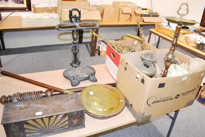 Lot 1094 - A cast iron stick stand, a group of copper and brass, oil lamps etc