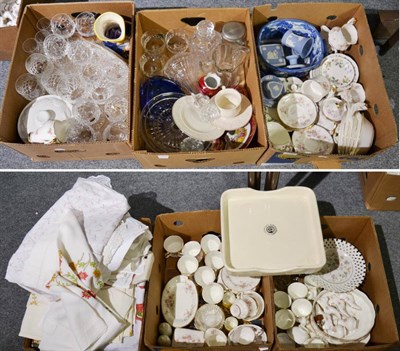 Lot 1096 - Five boxes of household china and glass together with a box of white linen (6)