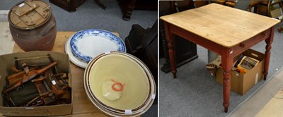 Lot 1108 - A small pine kitchen table, an aluminum milk churn, bread making bowls, flour bin etc