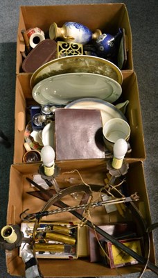 Lot 1117 - Three boxes including a six light metal chandelier, a sword, binoculars, household china and...