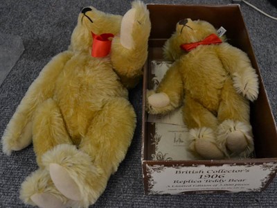 Lot 1118 - Steiff 1906 Replica Teddy bear, with growler, boxed; together with a larger Steiff Teddy bear (2)