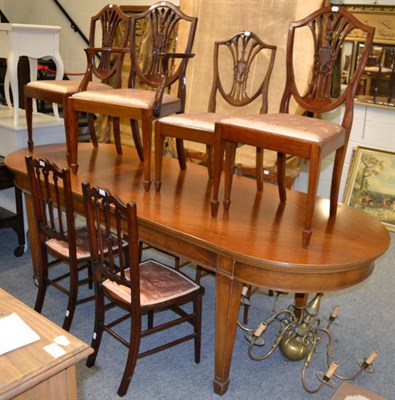 Lot 1142 - Four various mahogany shield back dining chairs, two pairs of Edwardian chairs, a brass chandelier