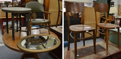 Lot 1148 - A folding embossed copper table; two bentwood chairs; an oak elbow chair, oval wall mirror (5)