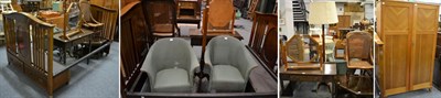 Lot 1151 - A mahogany double bed stead, a standard lamp, two Lloyd Loom wicker tub chairs, a side table,...