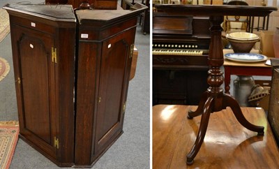 Lot 1153 - Two George III oak hanging corner cupboards each with ogee panelled doors together with a 19th...