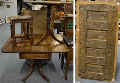 Lot 1156 - A mahogany pedestal Pembroke table, an oak joint stool, a tilt top tripod table and an 18th century