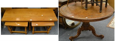 Lot 1159 - A burr walnut pedestal table (a.f.) together with a nest of three modern oak tables