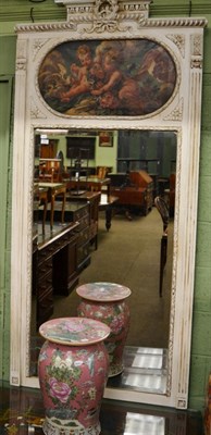 Lot 1182 - A painted over mantel mirror, the bevelled rectangular plate surmounted by a painted oval panel...