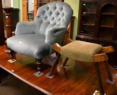 Lot 1198 - Victorian ebonised oak framed button back chair; pricket candle stand; and oak framed stool (3)