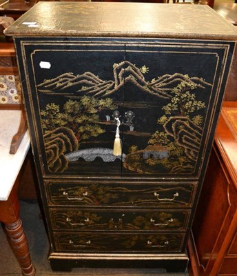 Lot 1206 - A 20th century ebonised and gilt decorated linen chest, decorated with Oriental figures and a...