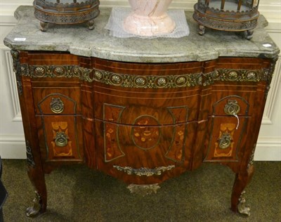 Lot 1245 - A 20th century French transitional style commode, walnut and marble topped, with marquetry...