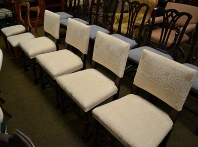 Lot 1250 - Set of four oak dining chairs later recovered in cream fabric; and a pair of Victorian mahogany...