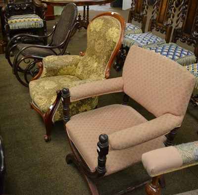 Lot 1253 - A Victorian mahogany spoonback occasional chair; a Victorian mahogany x-framed chair and a Bentwood